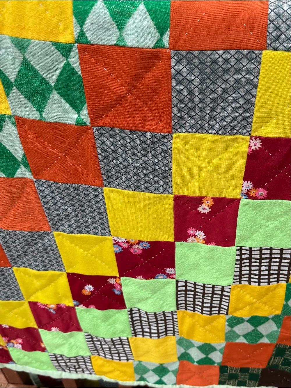 Quilt-Vintage 70’s Patchwork Polyester Bedspread-90” x 70”-Twin/Full-Read